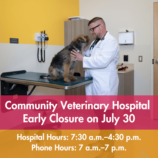 Community Veterinary Hospital Early Closure on July 30 | Hospital Hours: 7:30 a.m.–4:30 p.m. | Phone Hours: 7 a.m.–7 p.m.